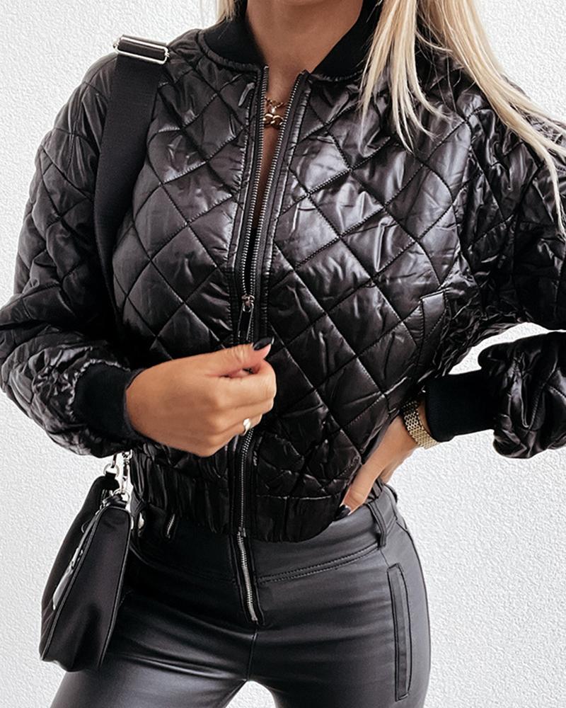 

Quilted Zipper Design Baseball Jacket, Black