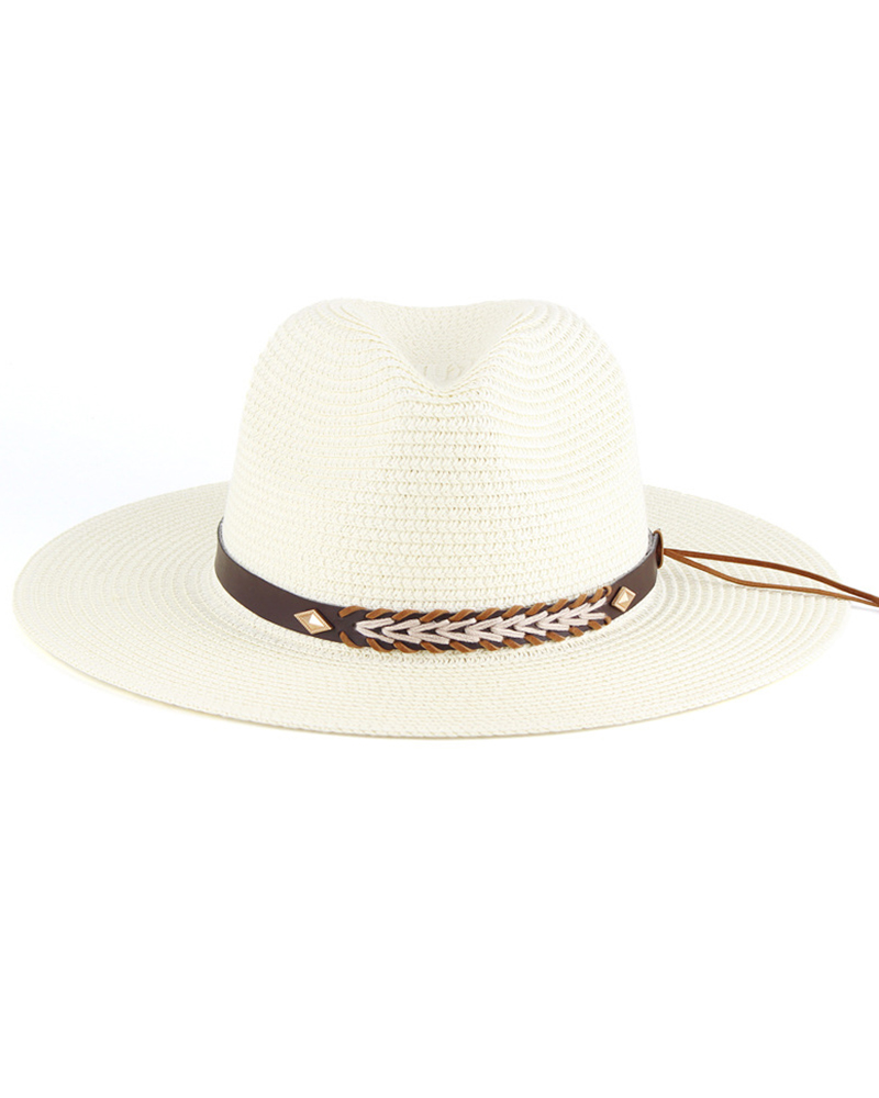 

Geometric Pattern Wide Brim Straw Hat, White