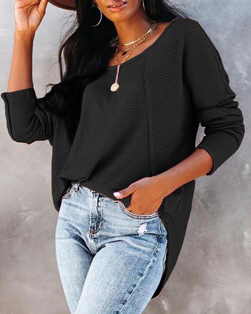 

Button Decor Knit Long Sleeve O-neck Top, Black