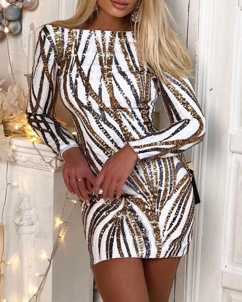 

Sequins Open Back Long Sleeve Bodycon Dress, Gold