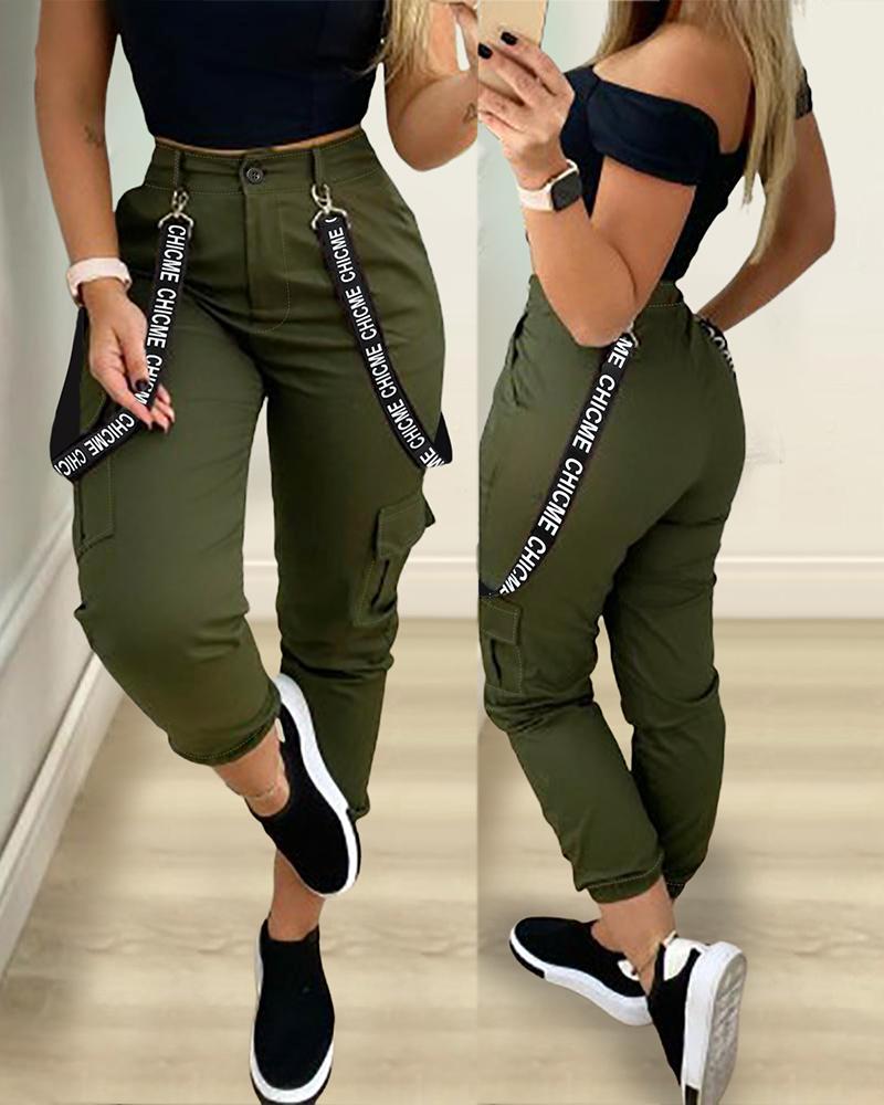 

Letter Strap Decor High Waist Buttoned Casual Pants, Army green