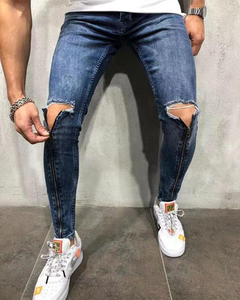 

Solid Color Zipper Skinny Ripped Jean Pants, Blue