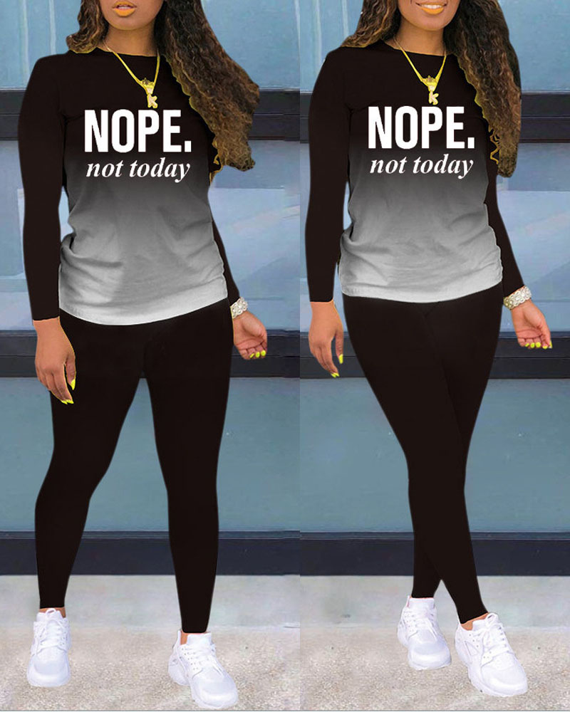 

Ombre Letter Print Long Sleeve Top & Pants Set, Black