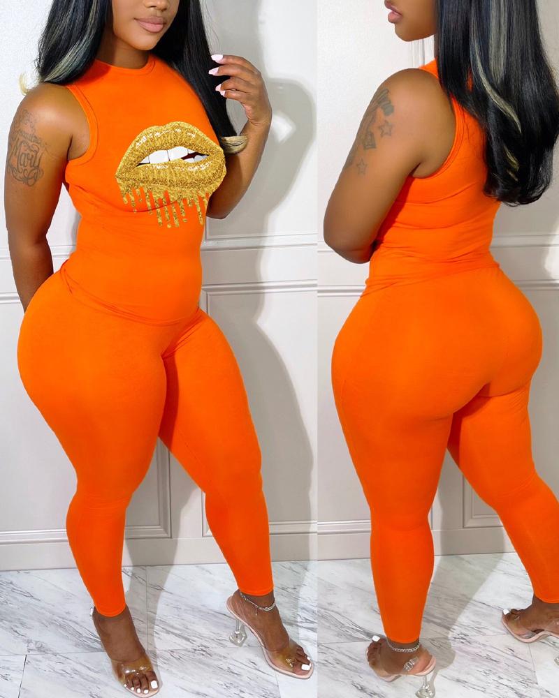 

Lip Print Casual Tank Top & Skinny Pants Set, Orange