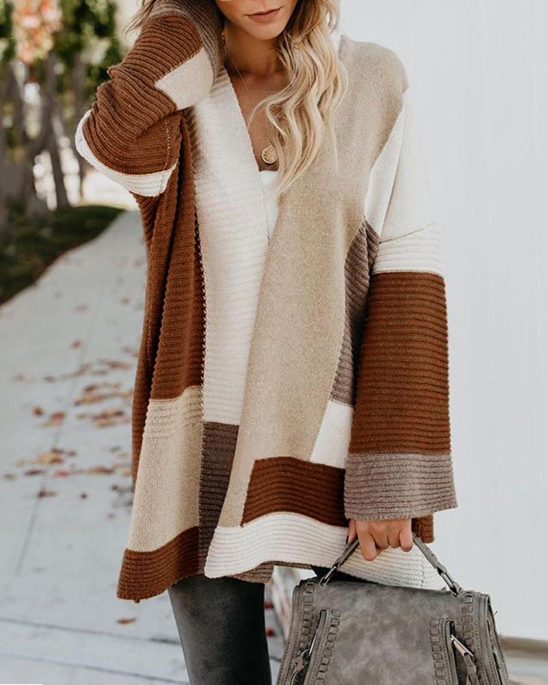 

Colorblock Long Sleeve Open Front Cardigan, Coffee