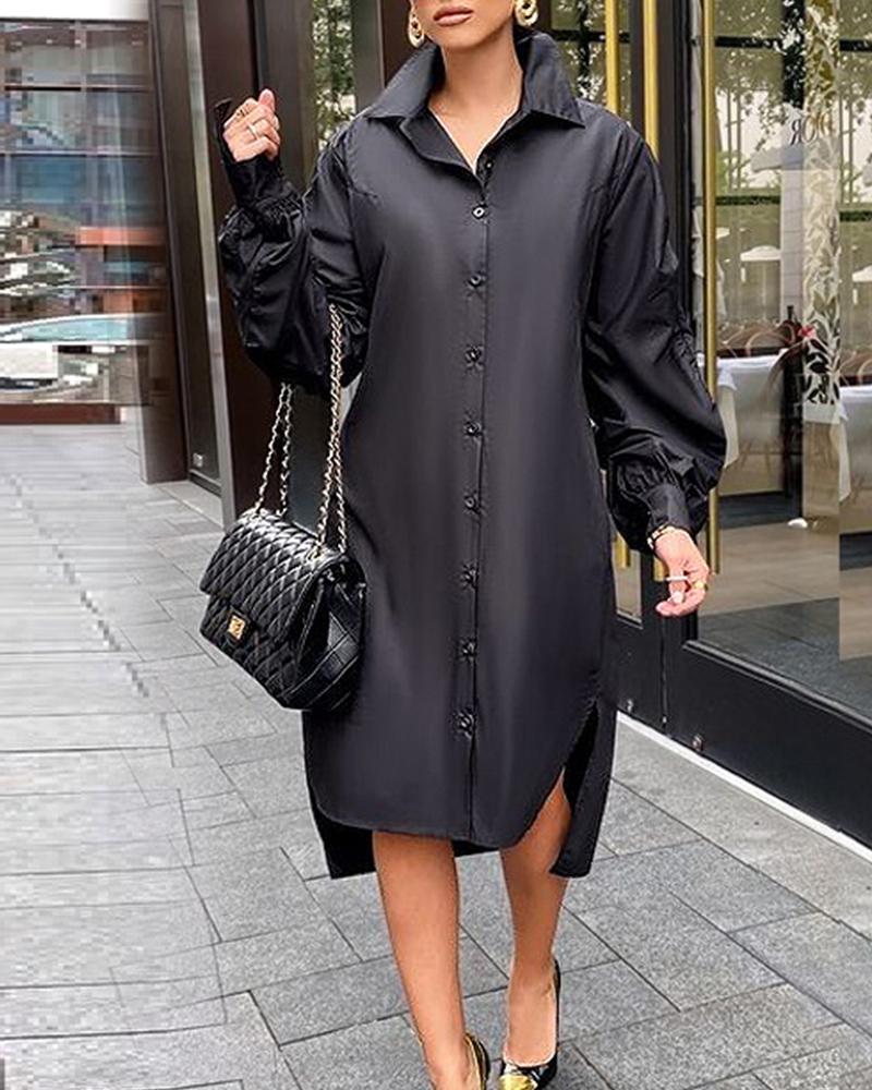 

Lantern Sleeve Button Down Shirt Dress, Black