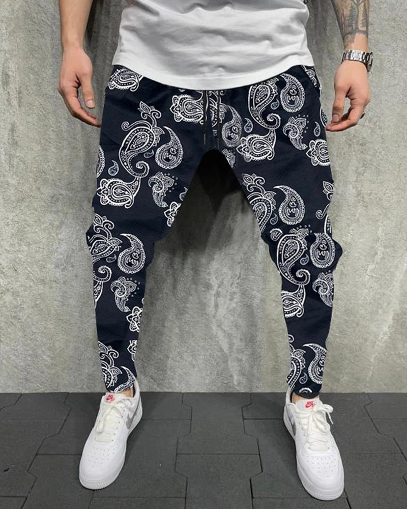 

Paisley Print Loose Color Side Harem Pants, Black