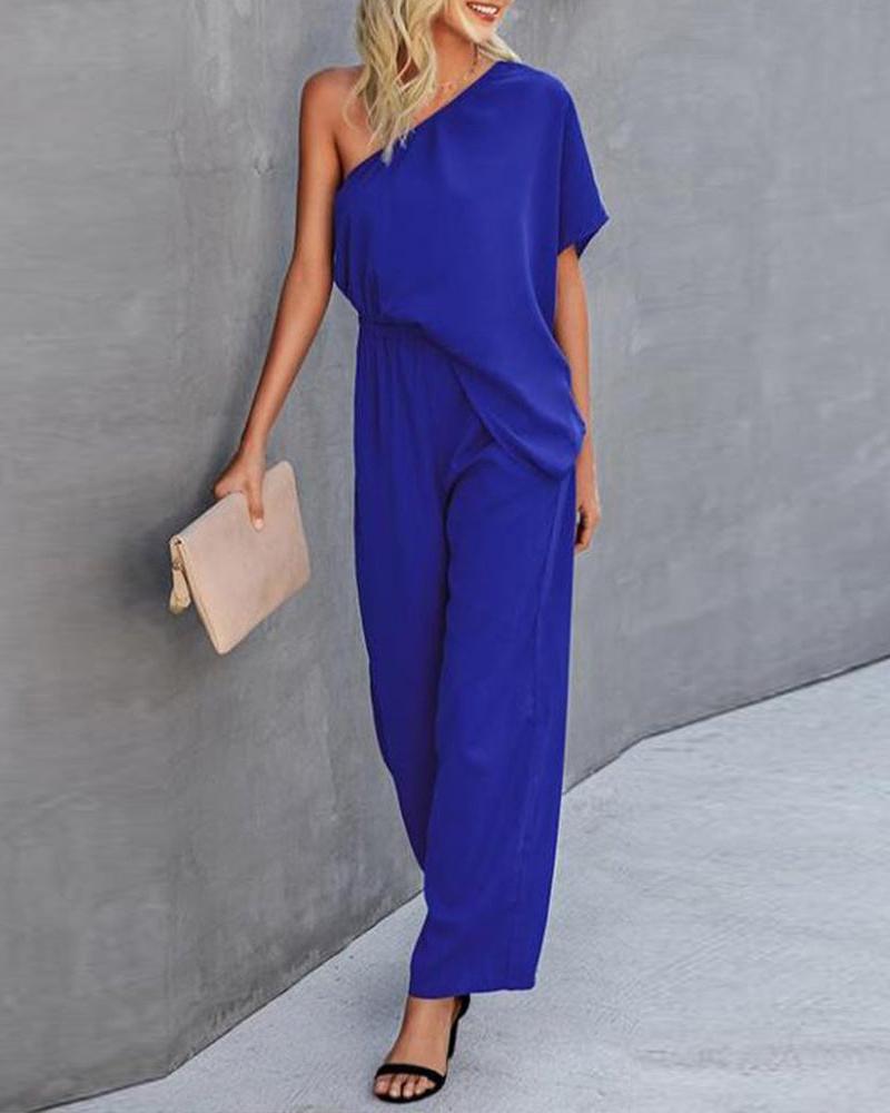 

One Shoulder Wide Leg Jumpsuit, Blue