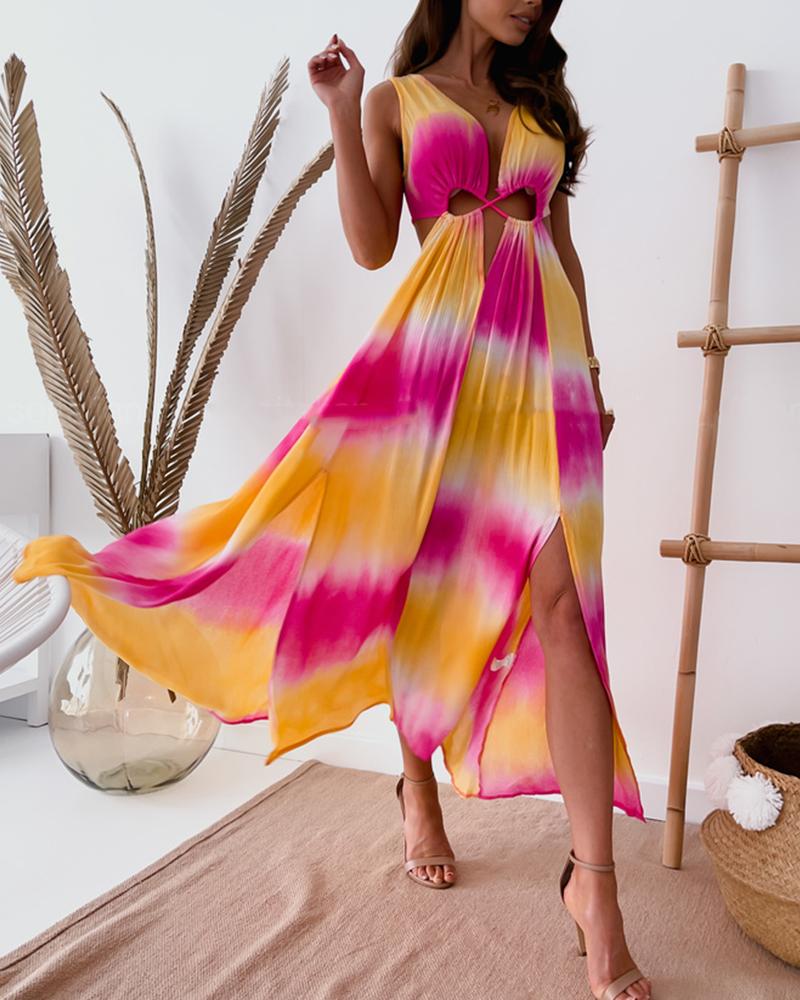 

Tie Dye Print Cut-out Sleeveless Maxi Dress, Hot pink