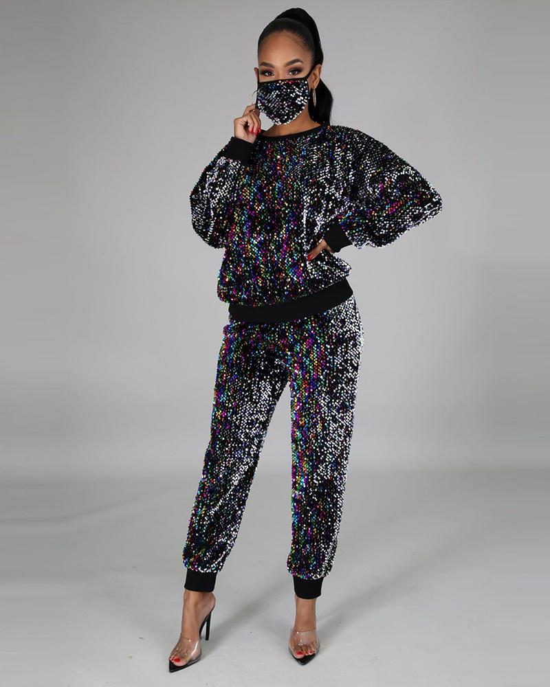 

Sequins Long Sleeve Top & Pants Set With Mask, Black