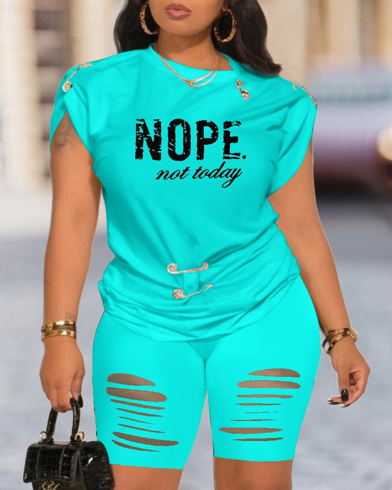 

Nope Not Today Print Short Sleeve Top & Shorts Set, Turquoise blue