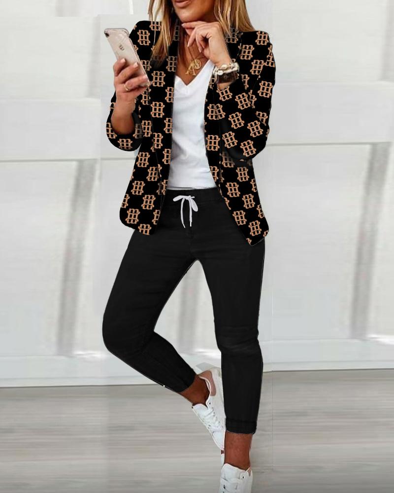 

ChicMe Letter Print Shawl Collar Blazer & Drawstring Pants Set, Black