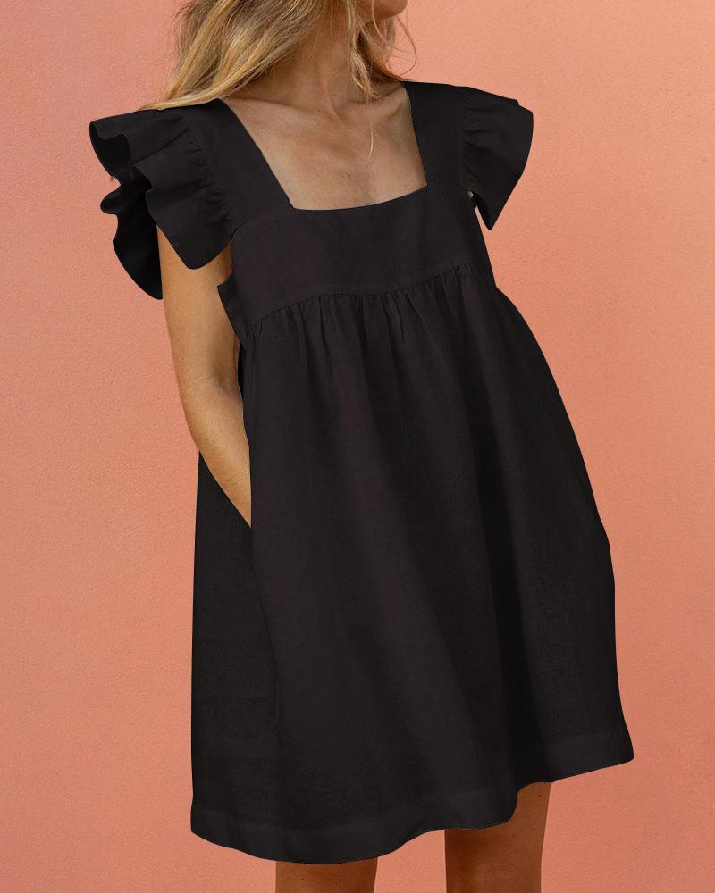 

Square Neck Ruffle Sleeve Dress, Black