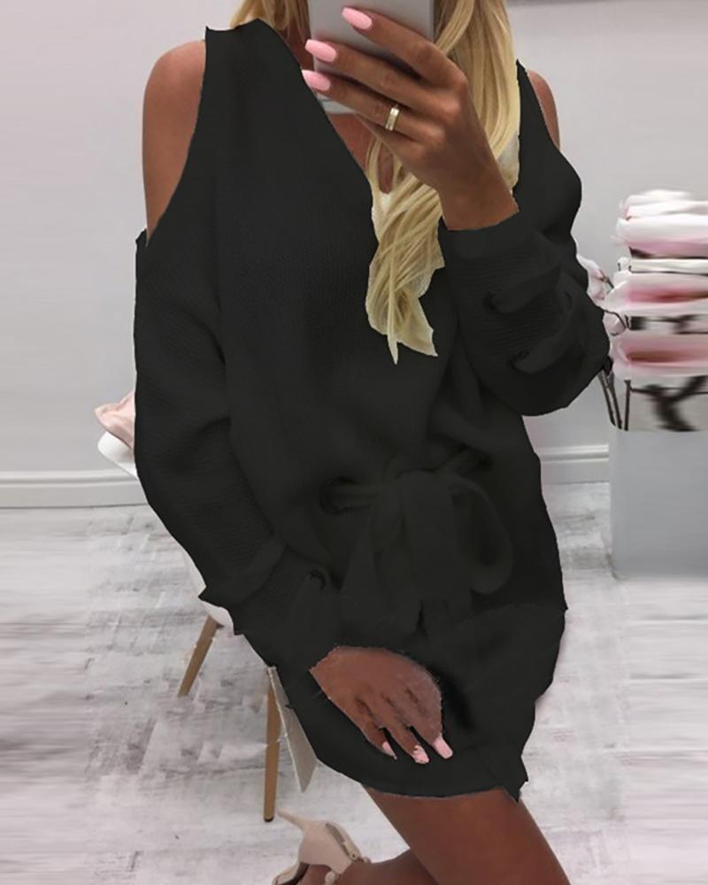 

Cold Shoulder Slit Eyelet Lace-up Dress, Black