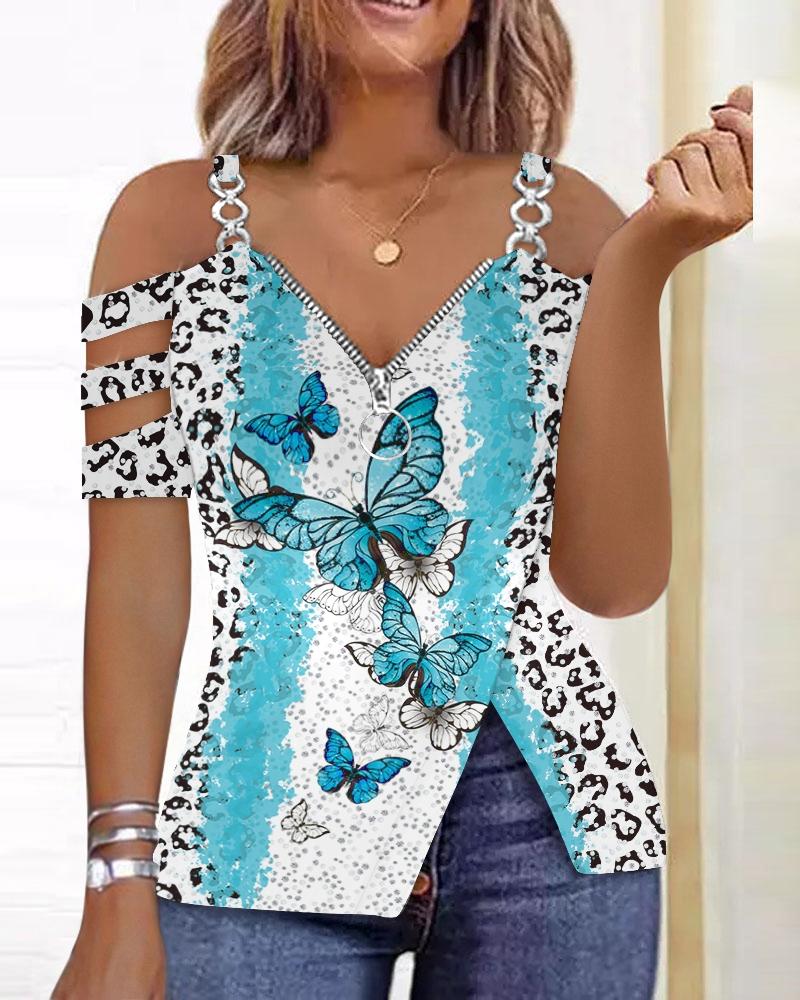 

Leopard Butterfly Print Zip Detail Cold Shoulder Top, Blue