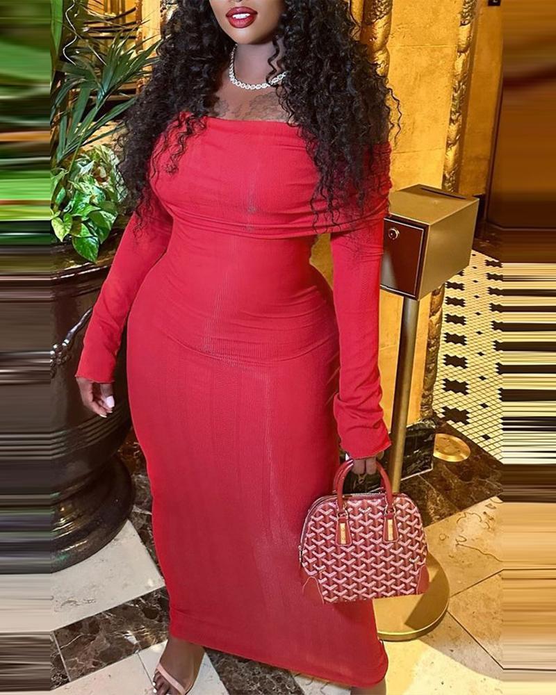 

Off Shoulder Long Sleeve Ruched Maxi Dress, Red
