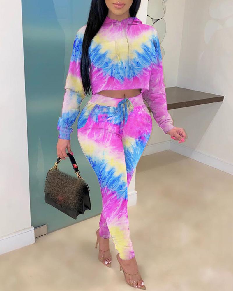 

Camouflage / Tie Dye / Floral Print Colorblock Hooded Top & Drawstring Pants Set, Pink