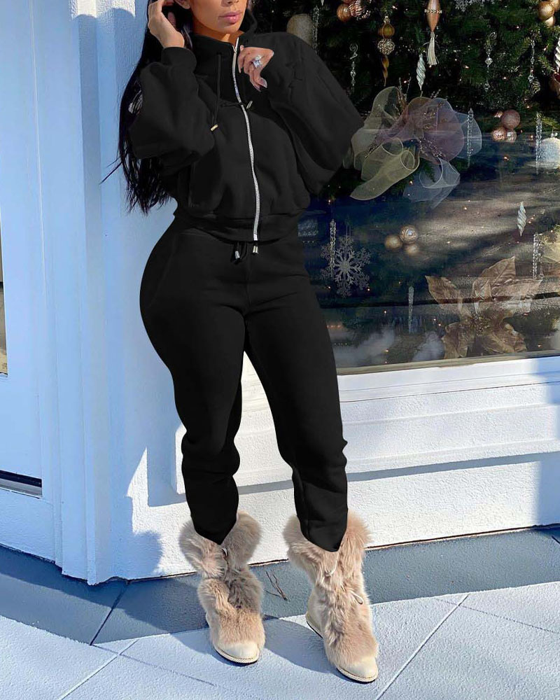 

Long Sleeve Zip Up Top & Drawstring Pants Set, Black