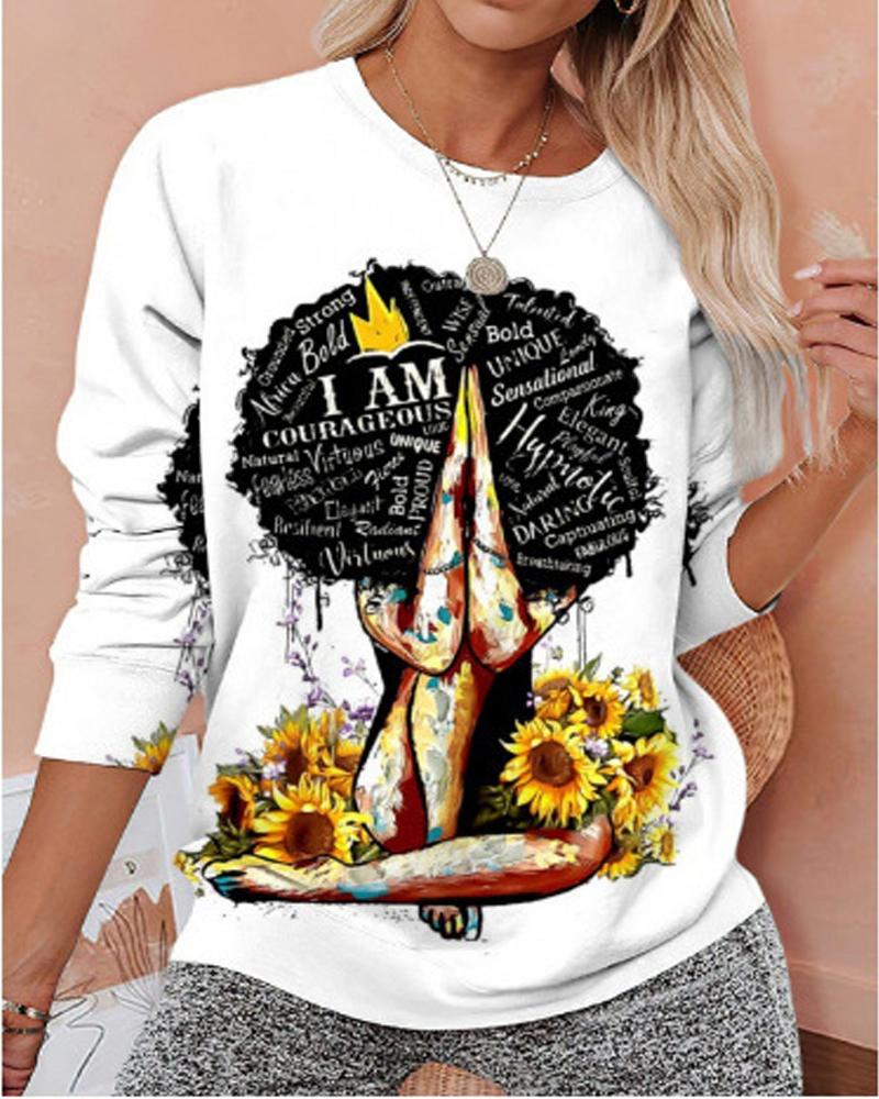 

Plus Size Figure Sunflower Print Long Sleeve Sweatshirt, White