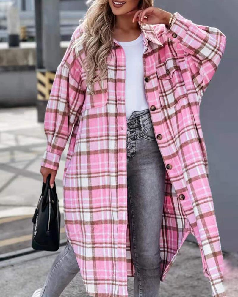 

Plaid Print Button Front Longline Shacket, Pink