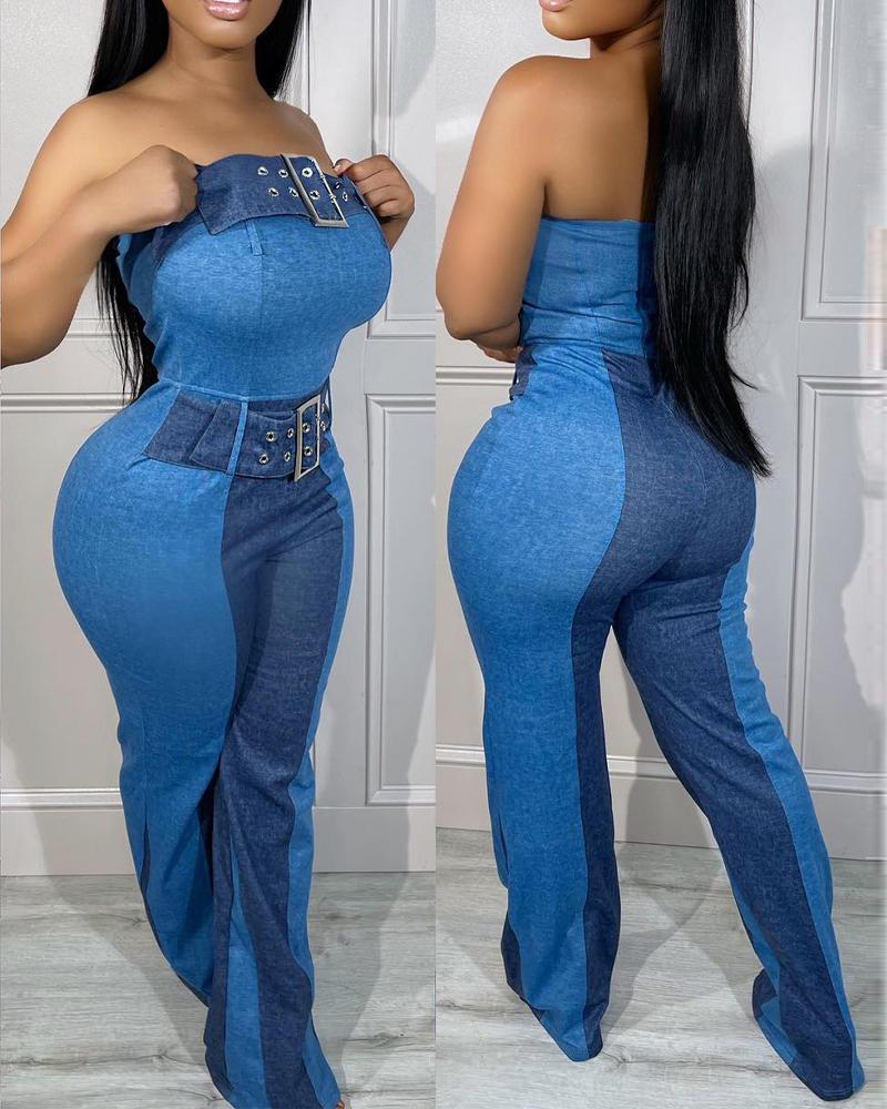 

Denim Look Print Bandeau Buckled Eyelet Jumpsuit, Blue