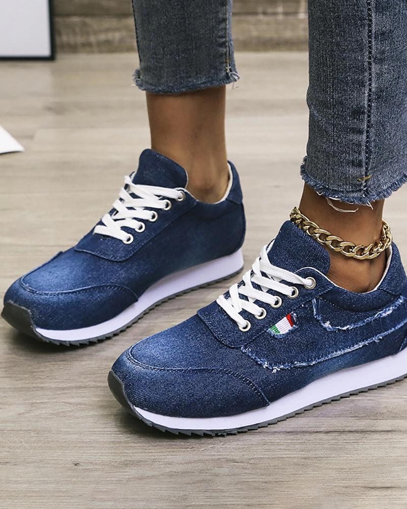 

Denim Print Ripped Lace-up Sneakers, Dark blue