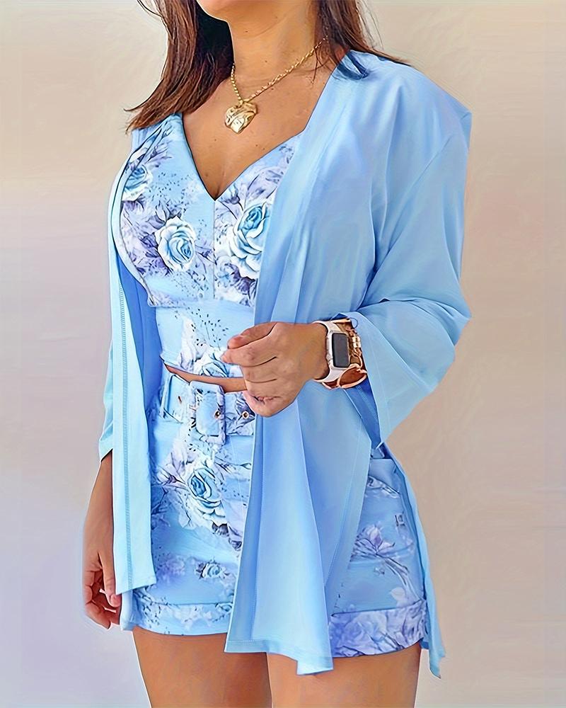 

Spaghetti Strap Floral Print Top & Shorts Set With Coat, Sky blue