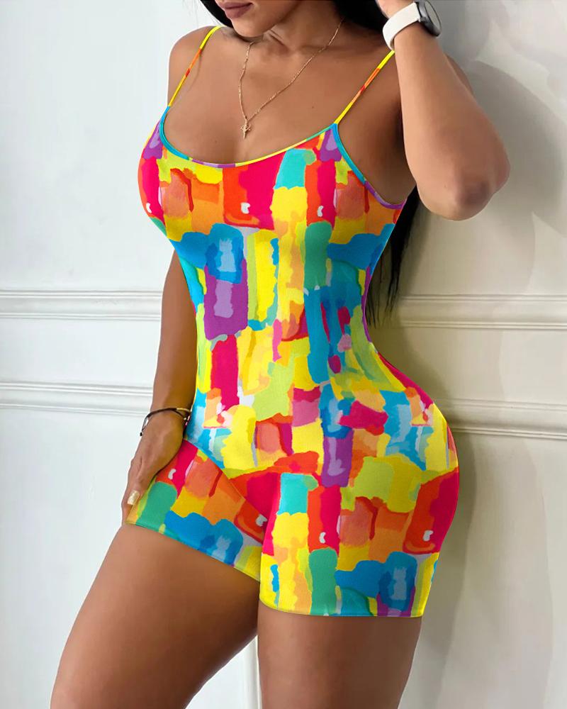 

Melting Colors All Over Print Spaghetti Strap U-Neck Romper, Multicolor