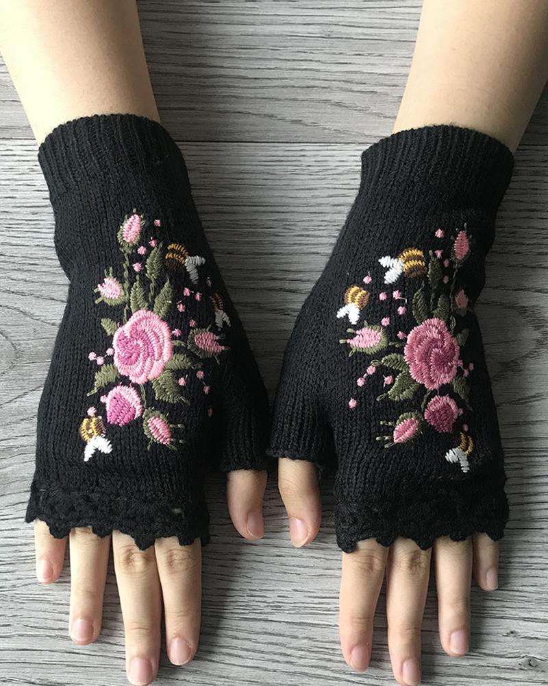 

1Pair Floral Embroidery Hollow Out Fingerless Knit Gloves, Black