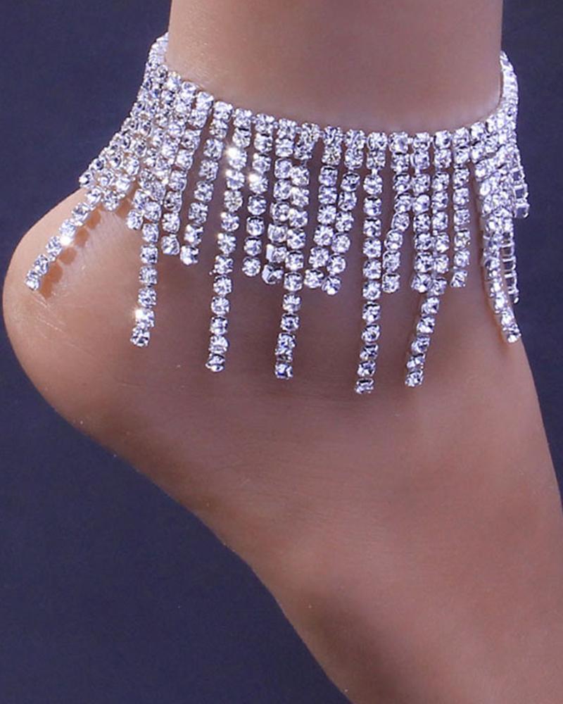 

1pc Allover Rhinestone Tassel Wide Beach Anklet Wedding Bridal Fashion Jewelry, Silver