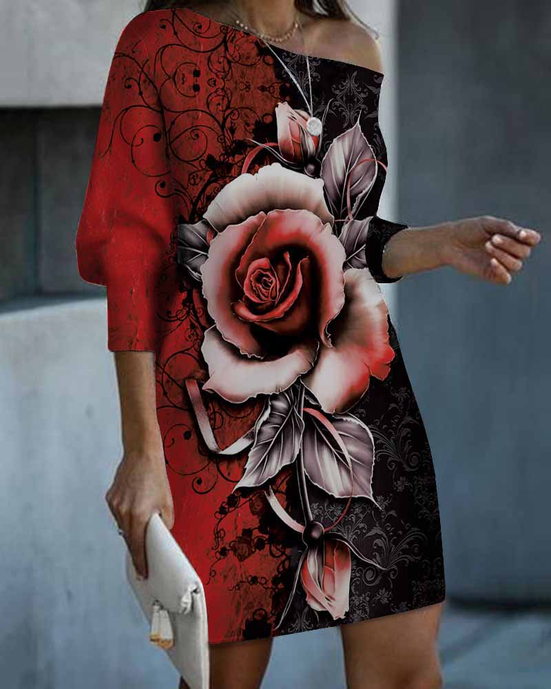 

Batwing Sleeve Floral Print Casual Dress, Red