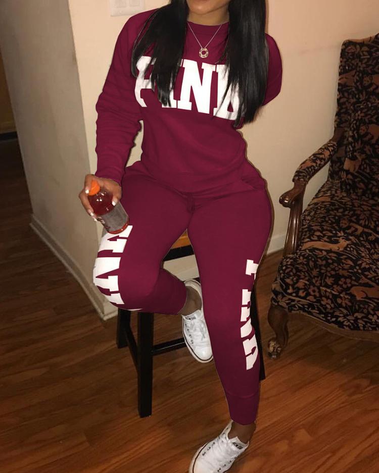 

Trendy Letter Print Sweatshirt Tracksuit, Wine red