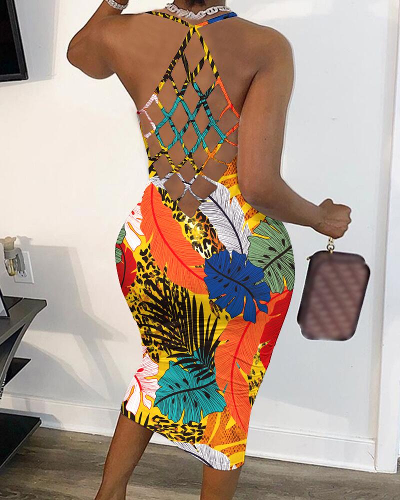 

Vestido Bodycon com estampa tropical e decote em U, Orange