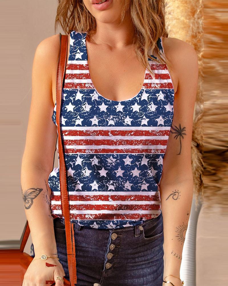 

Independence Day Flag Print Racerback Tank Top, Blue