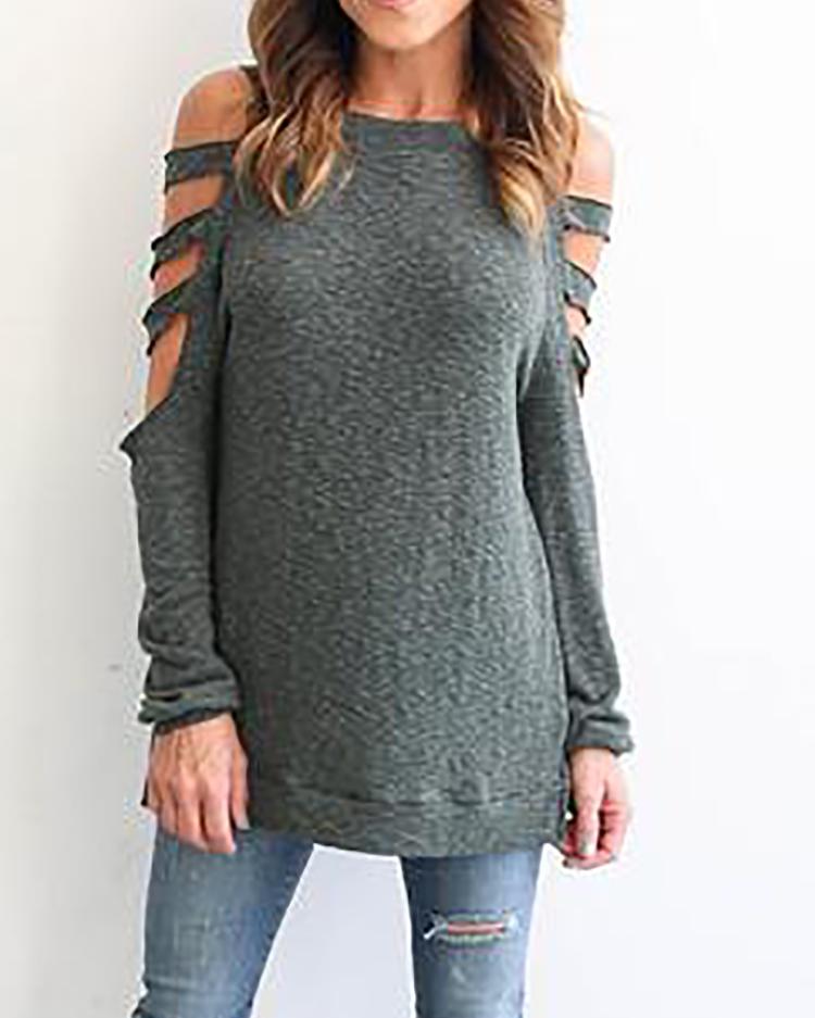 

Ladder Cut Out Sleeve Casual Blouse, Red;pink;gray;blue;white;black