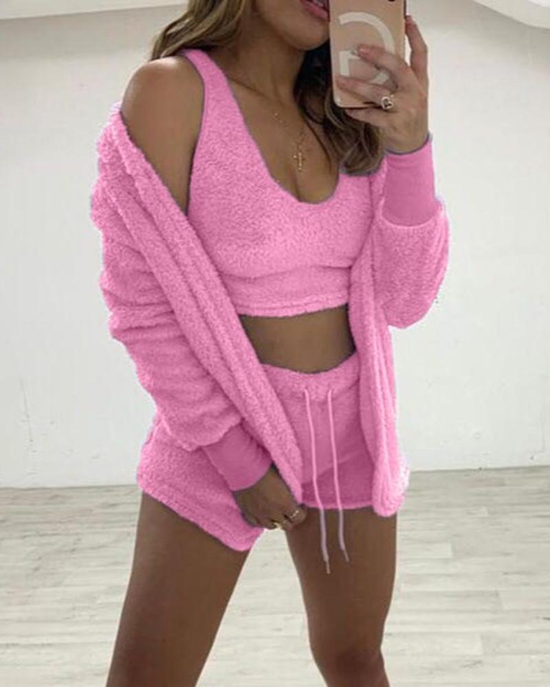 

Fuzzy Tank Top & Shorts Set With Cardigan, Hot pink