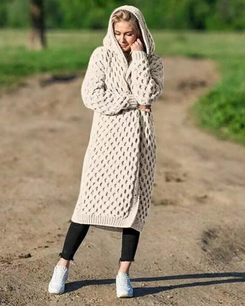 

Long Sleeve Knit Hooded Cardigan, White