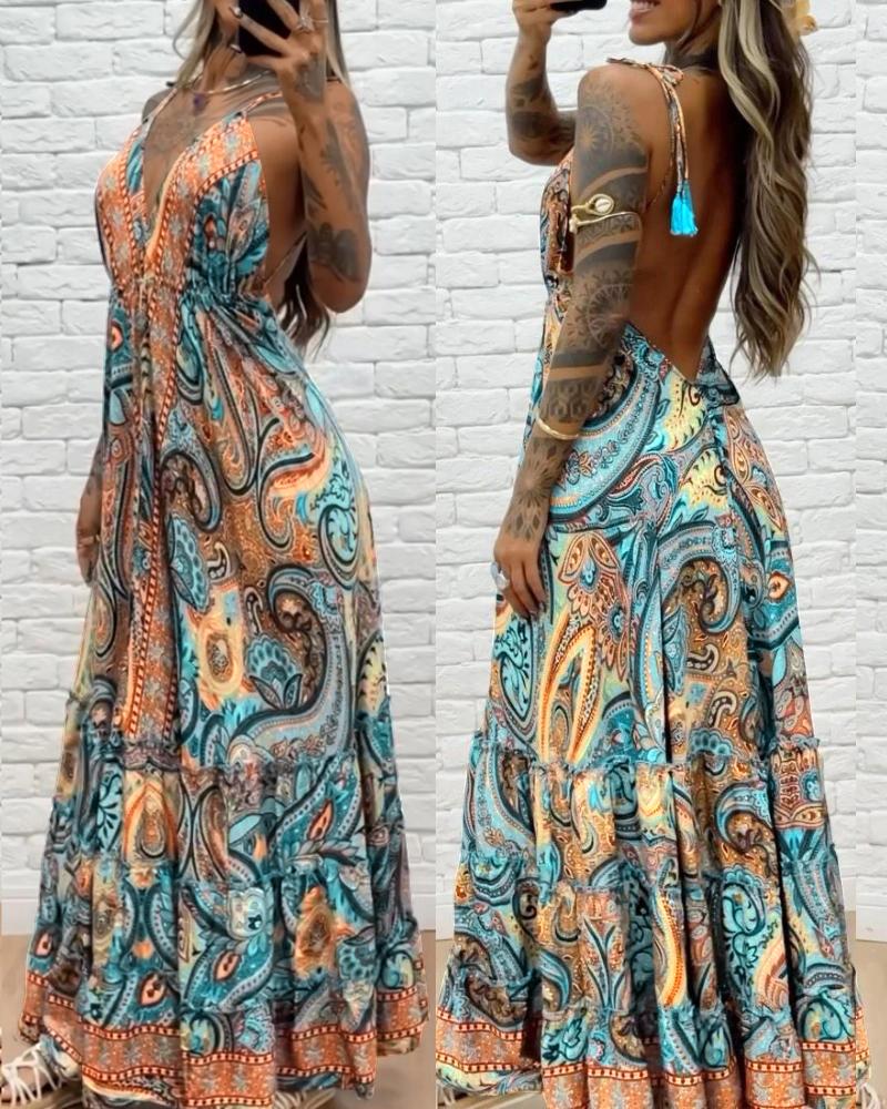 

Tribal Print V-Neck Spaghetti Strap Maxi Dress Casual Backless Flowy A Line Dress, Green