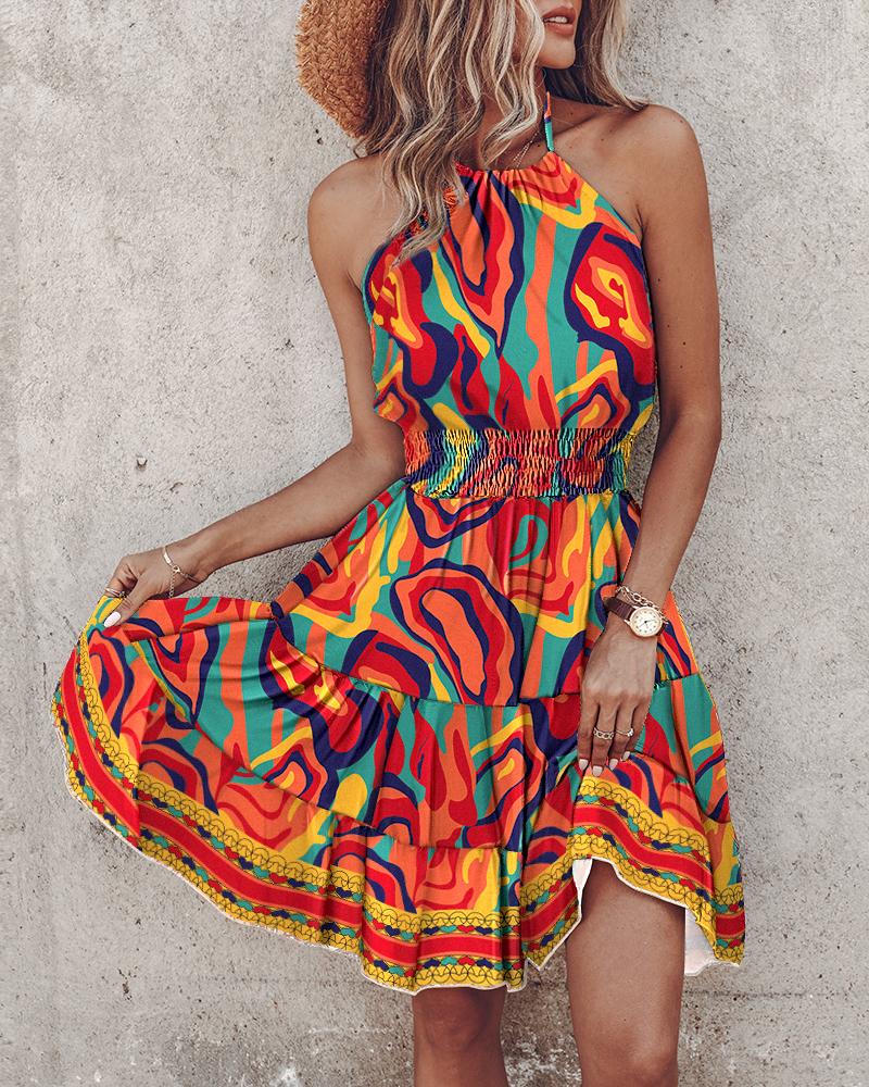 

Multi-Color Abstract Print Halter Dress, Multicolor