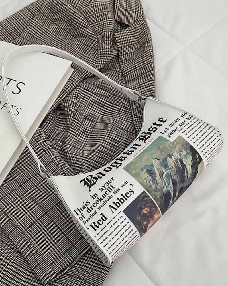 

Newspaper Print Zipper Design Shoulder Bag, White