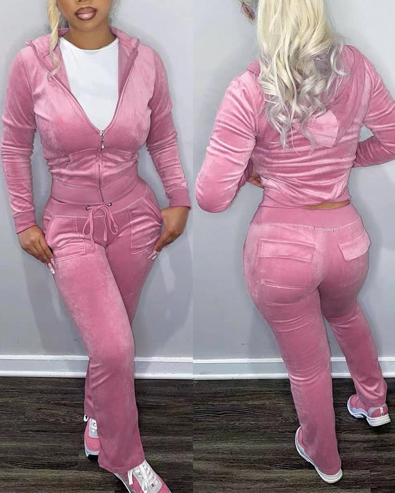 

Velvet Long Sleeve Hooded Zip Up Top & Pants Set, Pink