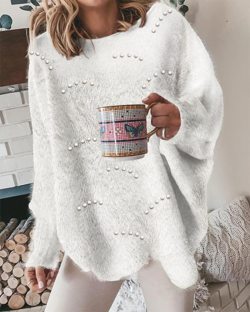 

Beaded Lantern Sleeve Fluffy Sweater, White