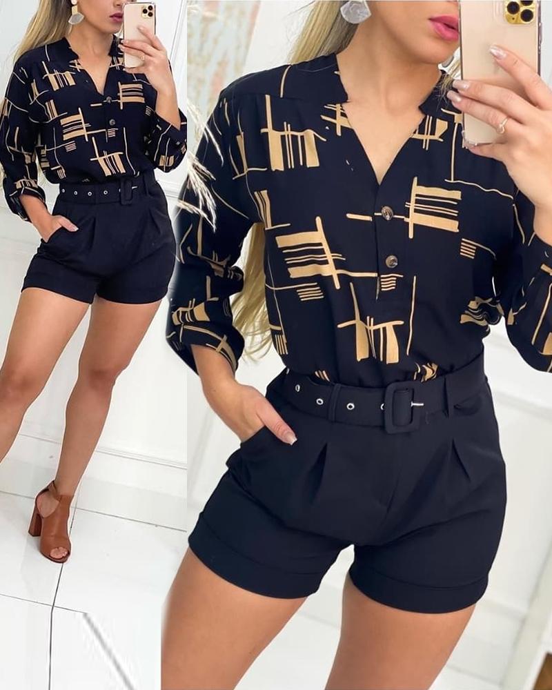 

Geometric Print Button Front Long Sleeve Top, Black