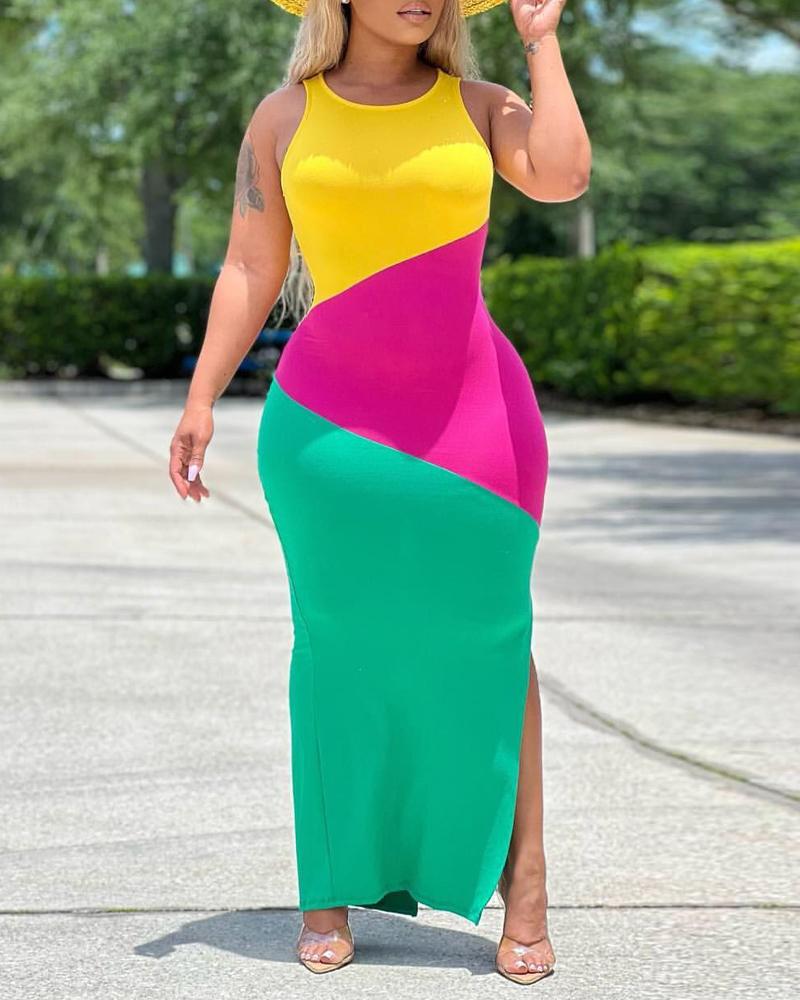 

Colorblock Split Hem Sleeveless Casual Dress, Multicolor