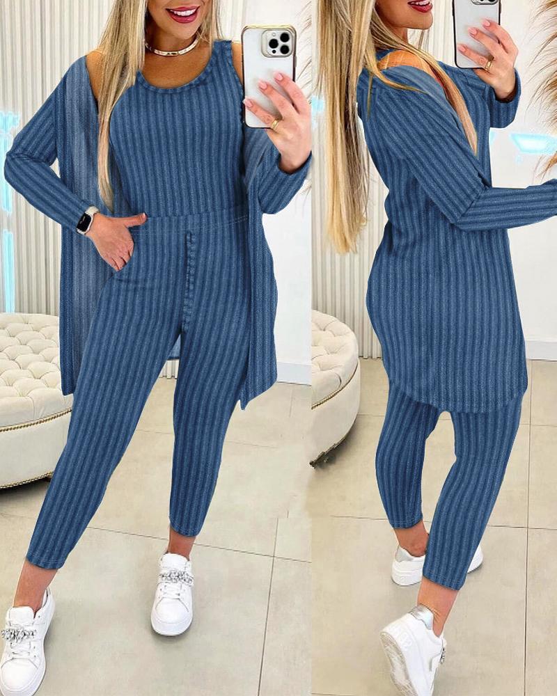 

3PCS Round Neck Ribbed Tank Top & Drawstring Pants Set With Coat, Blue