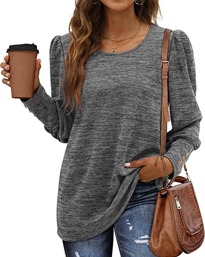 

Gigot Sleeve Buttoned U-Neck Top, Dark grey