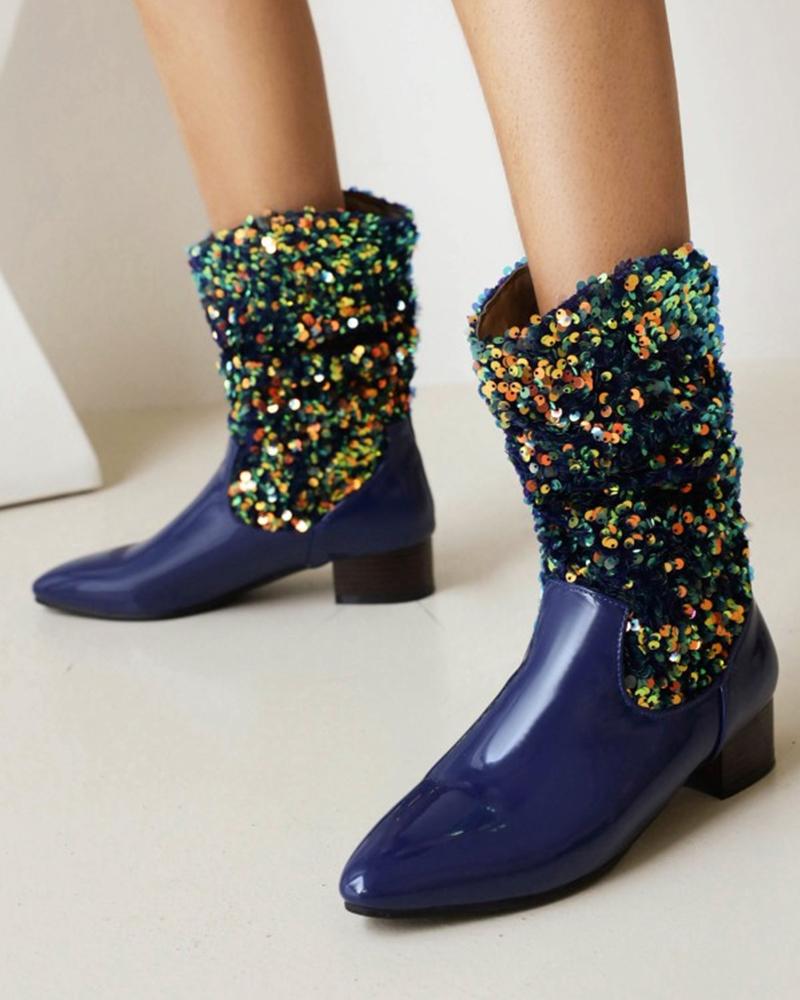 

Ladies Shiny Finish Patchwork Point Toe Western Booties, Blue