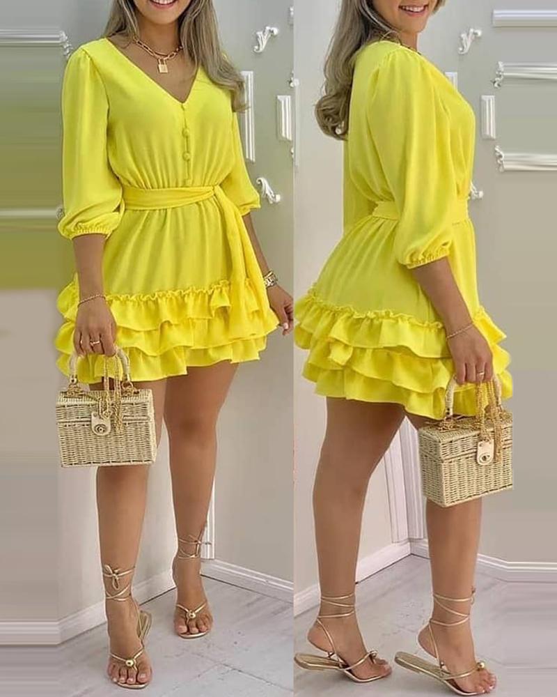 

V-Neck Layered Ruffles Frill Hem Casual Dress, Yellow