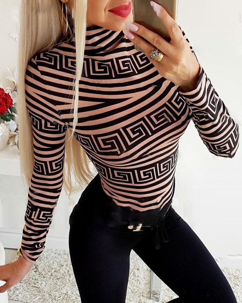 

Geo Striped Print Long Sleeve Skinny Top, Khaki