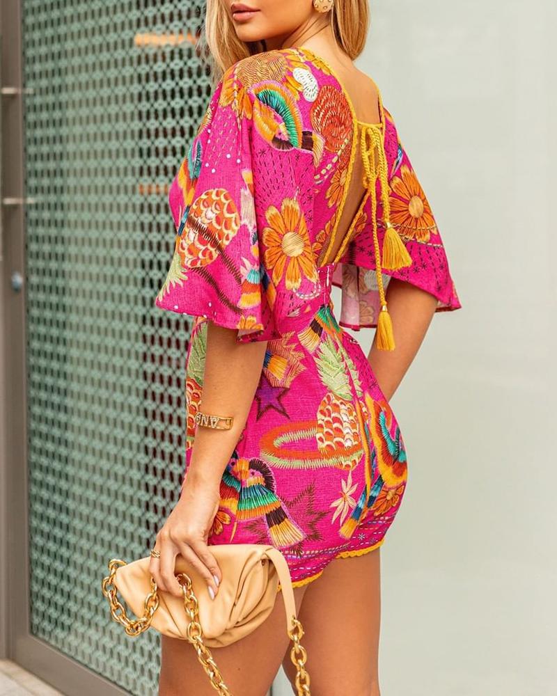 

Animal Fruits Floral Print Flutter Sleeve Romper, Hot pink